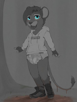 anthro clean_diaper clothing diaper female hoodie mud solo standing topwear young zenthecaracal felid lion mammal pantherine hi_res