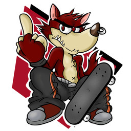 5_fingers anthro biped bottomwear clothed clothing eyebrows facial_piercing fingers footwear front_view fur geometric_background gesture hand_gesture looking_at_viewer male middle_finger nose_piercing pants piercing red_body red_eyes red_fur shoes simple_background sitting skateboard solo topless vehicle white_background syaokitty atlus go!_go!_hypergrind sega decker canid canine canis mammal wolf 1:1 2014 full-length_portrait portrait