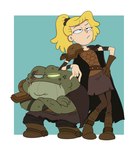 annoyed anthro blonde_hair cape clothing duo female footwear green_body hair light_body light_skin male markings mole_(marking) narrowed_eyes ponytail scar scottforester17 amphibia_(series) disney captain_grime sasha_waybright amphibian frog human mammal toad_(frog) hi_res