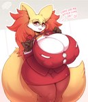2019 anthro arm_tuft big_breasts big_ears big_tail biped blush bottomwear breasts canid canine chest_tuft cleavage clothed clothing curvy_figure cute_fangs delphox dialogue digital_media_(artwork) english_text eyewear female fluffy fluffy_tail front_view fully_clothed fur furgonomics generation_6_pokemon glasses head_tuft heart_symbol hi_res huge_breasts huge_tail huge_thighs inner_ear_fluff light_body light_fur long_tail looking_at_viewer mammal multicolored_body multicolored_fur nintendo nipple_outline open_mouth open_smile outline pale_fur pencil_skirt pink_tongue pokemon pokemon_(species) red_bottomwear red_clothing red_eyes red_topwear robe secretly_saucy shaded shoulder_tuft signature simple_background skirt smile solo standing tail tail_through_skirt teacher teeth text thick_thighs tongue topwear tuft voluptuous white_body white_fur wide_hips yellow_body yellow_fur