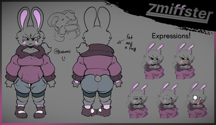 accessory anthro bottomwear clothed clothing cute_fangs fangs female footwear grey_bottomwear grey_clothing grey_shorts hair hair_accessory hair_tie hoodie pawpads pink_clothing pink_footwear pink_hoodie pink_pawpads pink_socks pink_topwear ponytail round_tail shorts slightly_chubby socks solo teeth tied_hair topwear zmiffster zmiffster_(fursona) lagomorph leporid mammal rabbit absurd_res expression_sheet hi_res model_sheet