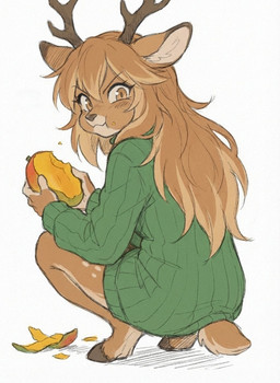 2_horns anthro antlers brown_body brown_eyes brown_fur brown_hair brown_tail cheek_bulge clothed clothing crouching eating eating_food eyebrows eyelashes female food fruit fully_clothed fur hair holding_mango hooves horn long_hair looking_at_viewer looking_back mango_(fruit) plant scut_tail short_tail simple_background solo sweater tail topwear white_background eneki_sei deer mammal 2026 hi_res