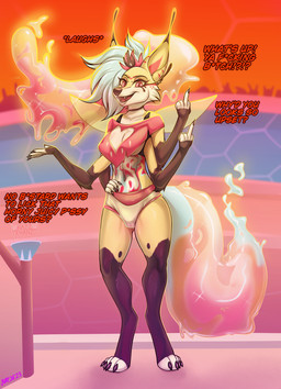 4_arms 5_fingers anthro barefoot big_ears bottomwear breasts camel_toe claws clothed clothing ear_tuft fangs feet female fingers food fur gesture hair hand_gesture honey_(food) liquid looking_at_viewer middle_finger multi_arm multi_limb multicolored_body multicolored_fur multicolored_hair open_mouth open_smile pants paws presenting red_bottomwear red_clothing sharp_teeth shirt shorts simple_background smile smiling_at_viewer solo stage standing tail teeth text tongue topwear tuft white_bottomwear white_clothing wings chazzychanz hellaverse helluva_boss queen_bee-lzebub_(helluva_boss) arthropod bee canid canine canis demon fox hybrid hymenopteran insect mammal 2023 digital_drawing_(artwork) digital_media_(artwork) english_text hi_res