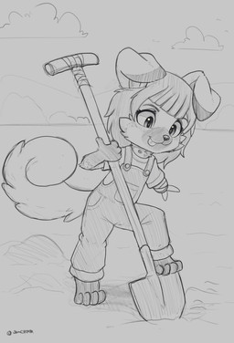 amputee anthro bandage biped cheek_tuft clothed clothing curled_tail digging disability eyebrows facial_markings facial_tuft female floppy_ears fluffy fluffy_tail gloves_(marking) hair head_markings looking_down markings missing_arm muzzle_(marking) overalls shirt short_hair snout snout_markings solo step_pose tail tongue tongue_out topwear tuft young young_anthro jamesfoxbr canid canine canis domestic_dog mammal 2023 absurd_res hi_res monochrome sketch