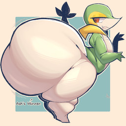 anthro bedroom_eyes big_butt brown_eyes butt feet female flat_chested green_body heart_symbol huge_butt humor hyper hyper_butt multicolored_body narrowed_eyes plant seductive shortstack side_view simple_background small_feet solo tail teasing two_tone_body yellow_body lightmizano death_battle evil_container nintendo pokemon ash's_snivy elemental_creature flora_fauna generation_5_pokemon pokemon_(species) snivy 1:1 2025 colored digital_drawing_(artwork) digital_media_(artwork) english_description hi_res meme