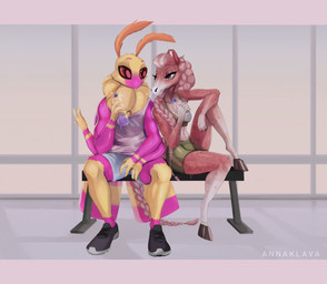 antennae_(anatomy) anthro athletic_wear bench bodily_fluids bottle bottomwear bra brown_body brown_fur clothed clothing container duo exercise exercise_clothing eyelashes female footwear fur male male/female midriff multi_arm multi_limb neck_tuft romantic romantic_couple shirt shoes shorts sitting sneakers sports_bra sweat tank_top topwear tuft underwear water_bottle workout yellow_body annaklava arthropod equid equine horse insect lepidopteran mammal moth rosy_maple_moth