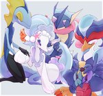 ambiguous_gender anthro blue_body blush eyes_closed feathers group simple_background smile white_body itz_smi73 nintendo pokemon generation_6_pokemon generation_7_pokemon generation_8_pokemon generation_9_pokemon greninja inteleon pokemon_(species) primarina quaquaval scalie hi_res