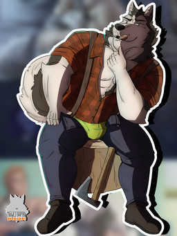 anthro clothing jockstrap log lumberjack male muscular pose sitting solo underwear wood kuma_richards extracurricular_activities spencer_(extracurricular_activities) canid canine canis domestic_dog husky mammal nordic_sled_dog spitz 3:4 absurd_res hi_res