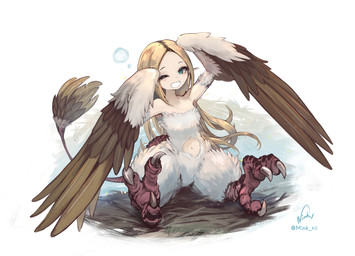 avian_feet blonde_hair feathers female hair light_body light_skin long_hair naturally_censored navel nude on_ground pointy_ears sitting solo tail white_body white_feathers young mink_rii european_mythology greek_mythology mythology avian harpy mythological_avian mythological_creature