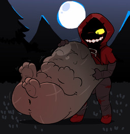 anthro anthro_prey belly big_belly blood blood_on_clothing bodily_fluids body_outline clothing forest full_moon hand_on_belly huge_belly humanoid_focus humanoid_pred moon motion_lines navel night not_furry_focus outside plant red_hood scar soft_vore solo standing teeth tree vore pawplants lobotomy_corporation project_moon little_red_riding_hooded_mercenary abnormality_(project_moon) humanoid 2026 hi_res female_(lore)