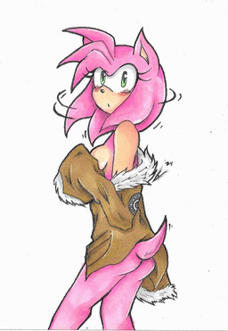 anthro blush blush_lines bomber_jacket bottomless breasts butt clothed clothing convenient_censorship countershade_arms countershade_torso countershading female hair jacket jacket_only looking_at_viewer pink_body pointy_ears short_hair solo tail topwear topwear_only rockgothicgirl sega sonic_the_hedgehog_(series) amy_rose eulipotyphlan hedgehog mammal hi_res