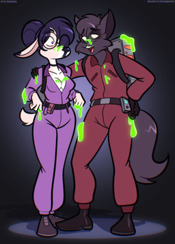 anthro belt boots breasts cleavage clothed clothing duo eyebrows eyelashes eyewear female footwear glasses hair hair_bun male open_mouth open_smile purple_hair round_glasses shoes slime smile psicoyote ghostbusters deer mammal 2026 absurd_res hi_res