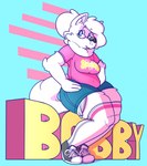 anthro belly biped blue_clothing blue_eyes breasts clothing eyewear female freckles fur glasses grey_clothing hair neck_tuft open_mouth pink_clothing solo tail text thick_thighs topwear tuft white_body white_clothing white_ears white_fur white_hair white_tail wide_hips yellow_clothing dogfluid bobby_(fluffy_gf) canid canine canis domestic_dog mammal 2017 english_text hi_res trans_(lore) trans_woman_(lore)