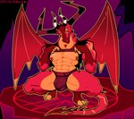 4_eyes accessory anthro bulge clothing crouching horn jewelry jockstrap male membrane_(anatomy) membranous_wings mostly_nude multi_eye nipple_piercing nipples non-mammal_nipples pecs piercing red_body red_scales scales simple_background solo spread_legs spreading summoning_circle topwear underwear vest wings yellow_eyes velvetdraw helluva_boss mythology satan_(helluva_boss) demon dragon mythological_creature mythological_scalie scalie 2024 hi_res