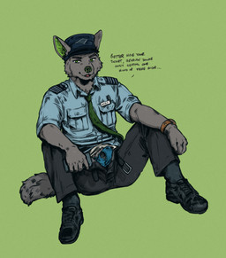 anthro belt bulge clock clothing fur hat headgear headwear male necktie open_belt simple_background sitting solo text underwear uniform watch wristwatch dwc dwcmarshalarts spirit_shadow canid canine canis mammal wolf absurd_res hi_res