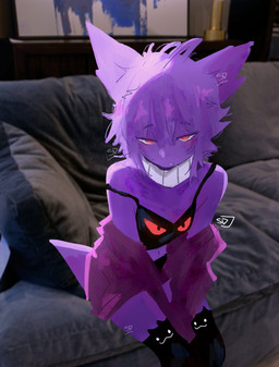 absolute_territory anthro blush bra clothing female furniture legwear looking_at_viewer on_sofa purple_body red_eyes sitting sitting_on_sofa sofa solo sports_bra sweater thigh_highs topwear underwear suzukidrawsz nintendo pokemon generation_1_pokemon gengar pokemon_(species) absurd_res hi_res