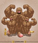 2020 abs anthro anthrofied biceps big_penis black_eyes black_hair body_oil bottle brown_background brown_body brown_skin buried container dugtrio erection facial_hair flexing generation_1_pokemon genitals glistening glistening_body glistening_eyes group hair hi_res hole_(pit) humanoid humanoid_genitalia humanoid_penis lovkuma male male/male moisturizer muscular muscular_male mustache nintendo oil oiled penis penis_size_difference pink_nose pokemon pokemon_(species) pokemorph rock signature simple_background smooth_skin text triceps vein veiny_penis