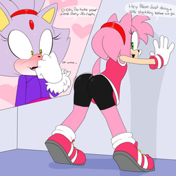 accessory amber_eyes anthro bent_over blush bodily_fluids bottomwear clothing dialogue duo embarrassed exercise eyelashes female female/female footwear fur gloves hair hair_accessory hairband handwear heart_symbol looking_back open_mouth shirt shoes shorts standing stretching sweat tank_top text topwear denizen1414 sega sonic_the_hedgehog_(series) amy_rose blaze_the_cat domestic_cat eulipotyphlan felid feline felis hedgehog mammal 1:1 english_text hi_res multiple_images