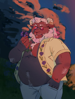 anthro black_piercing blue_bottomwear blue_clothing blue_jeans blue_pants body_hair bottomwear bovid_horn caprine_horn clothing cloud denim denim_bottomwear denim_clothing eyewear field flower fur glasses grey_body grey_fur hair happy_trail horn jeans looking_at_object male overweight overweight_male pants piercing pink_hair plant purple_flower quantum_love_theory ram_horn shirt sky solo topwear wearing_glasses white_hair yellow_clothing yellow_shirt yellow_topwear prets duncan_(quantum_love_theory) bovid caprine mammal sheep hi_res