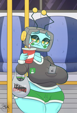 beverage big_breasts bottomwear breasts bus cellphone clothed clothed_female clothed_humanoid clothing commercial_vehicle electronics eyewear female female_humanoid for_a_head glasses holding_object hotpants huge_breasts inside_bus machine not_furry phone public public_transportation screen screen_face short shorts shortstack shortstack_female simple_background soda solo standing television text thick_thighs topwear vehicle vehicle_for_hire wide_hips lonely-labs data_(lonely-labs) humanoid object_head robot screen_head tv_head 2020 digital_media_(artwork) english_text hi_res