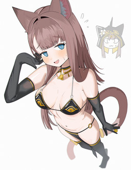 bikini biped black_clothing black_gloves black_handwear blue_eyes blush breasts brown_hair clothing female gloves hair handwear legwear looking_at_viewer navel simple_background smile solo standing stockings swimwear tail two-piece_swimsuit white_background spamham arknights hypergryph studio_montagne pepe_(arknights) animal_humanoid cat_humanoid felid felid_humanoid feline feline_humanoid humanoid mammal mammal_humanoid 2026 absurd_res digital_media_(artwork) hi_res