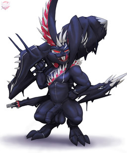 3_toes anthro balls big_ears black_body feet foreskin genitals holding_object holding_weapon licking licking_lips looking_at_viewer male muscular muscular_male penis red_eyes solo spikes standing teeth toes tongue tongue_out vein veiny_penis weapon fennephilim_fox marvel blackjack_o'hare hare lagomorph leporid mammal rabbit symbiote hi_res