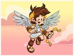 5_fingers biped bow_(weapon) brown_hair clothed clothing cloud eyebrows feathered_wings feathers fingers hair holding_object holding_weapon male not_furry ranged_weapon solo weapon wings young young_humanoid young_male 87octane kid_icarus nintendo pit_(kid_icarus) angel humanoid winged_humanoid