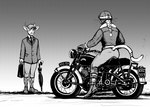 anthro argyle_(pattern) armor braided_hair braided_ponytail clothing duo female hair hat headgear headwear helmet male motorcycle ponytail umbrella vehicle hladilnik cat_knight deer_prince deer domestic_cat felid feline felis mammal 2021 greyscale hi_res monochrome