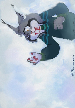 anthro blood blood_in_mouth bodily_fluids clothing fur green_clothing green_sweater green_topwear grey_body grey_fur lying male missing_character on_back paws pointy_ears sideways snow solo sweater tears tears_of_pain topwear wounded yellow_eyes tlacua_nose disney zootopia pawbert_lynxley canada_lynx felid feline lynx mammal hi_res