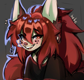 anthro bangs big_hair blush cheek_tuft clothed clothing ear_piercing eyebrow_through_hair eyebrows eyelashes facial_tuft female fur hair long_hair looking_at_viewer open_mouth piercing pink_nose pink_tongue raised_eyebrow red_eyes red_hair shirt solo tan_body tan_fur teeth tongue topwear translucent translucent_hair tuft mayrin_(artist) penta_(cum.cat) domestic_cat felid feline felis mammal 2025 digital_media_(artwork) hi_res shaded
