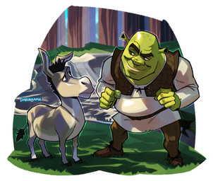 5_fingers arms_bent bald black_eyebrows black_eyes black_hooves black_mane black_tail_tuft bottomwear brown_bottomwear brown_clothing brown_footwear brown_pants brown_shoes brown_topwear brown_vest clothed clothed_humanoid clothed_male clothing colored_nails day duo ear_stalk eye_contact eyebrows feral fingernails fingers fist footwear forest frowning_at_another fully_clothed fully_clothed_humanoid fully_clothed_male fur grass green_body green_fingernails green_nails green_skin grey_body grey_fur grey_tail hooves light looking_at_another male male_feral male_humanoid mane multicolored_body multicolored_fur nails outside pants plant quadruped river shirt shoes smile smiling_at_another standing tail tail_tuft text thick_eyebrows topwear tree tuft tunic unguligrade vest white_clothing white_shirt white_topwear white_tunic darunyama dreamworks shrek_(series) donkey_(shrek) shrek_(character) asinus donkey equid equine humanoid mammal ogre 2025 artist_name colored digital_drawing_(artwork) digital_media_(artwork) english_description hi_res lighting redraw shaded
