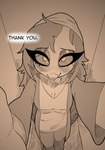 anthro beanie blush clothing dialogue eyelashes female front_view hair hat headgear headwear jacket long_hair looking_at_viewer smile solo talking_to_viewer text topwear papayathebun helluva_boss octavia_(helluva_boss) avian bird demon owl owl_demon 2025 english_text hi_res monochrome sketch