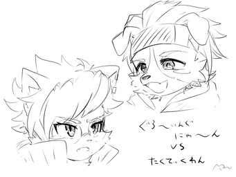 accessory alternate_species angry anthro clothing duo eyewear fur furrification glasses hair headband jacket kemono male open_mouth text topwear mkz_kabeuchi bandai_namco digimon digimon_beatbreak raito_souda tomoro_tenma canid canine canis domestic_cat domestic_dog felid feline felis mammal 4:3 hi_res japanese_text monochrome sketch