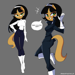 anthro black_hair blush boots clothing female footwear gesture gloves green_eyes hair hand_on_hip handwear high_heeled_boots high_heels leather leather_clothing looking_at_viewer pose shoes simple_background slim smile solo speech_bubble standing sweater talking_to_viewer tan_body text thigh_gap topwear waving waving_at_viewer megustaelpan nickelodeon t.u.f.f._puppy kitty_katswell domestic_cat felid feline felis mammal 1:1 2026 absurd_res colored english_text hi_res multiple_scenes shaded