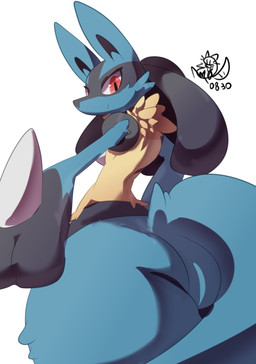 ambiguous_gender anthro back_tuft big_butt black_body black_fur black_inner_ear blue_body blue_ears blue_fur blue_tail butt cheek_tuft chest_spike ears_up eyelashes facial_tuft fingers foreshortening fur hand_spike iris looking_at_viewer multicolored_body multicolored_fur pupils red_eyes side_view simple_background small_waist smile snout solo spikes spikes_(anatomy) tail thick_thighs three-quarter_view tuft white_background yellow_body yellow_fur nyaswitchnya nintendo pokemon generation_4_pokemon lucario pokemon_(species) 2020 digital_media_(artwork) half-length_portrait hi_res portrait shaded signature