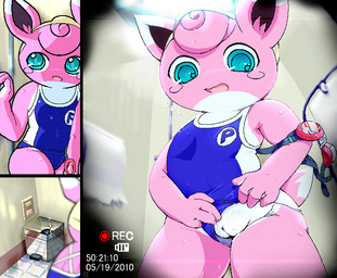 anthro anthrofied blue_clothing blue_eyes blue_swimwear camera camera_view clothing clothing_aside eyewear female flat_chested fur genitals goggles hidden_camera loli low-angle_view oblivious one-piece_swimsuit pink_body pink_fur pokemorph recording school_swimsuit solo sport_swimsuit swimming_pool swimwear swimwear_aside toilet vulva white_vulva worm's-eye_view young young_anthro young_female g-sun nintendo pokemon generation_1_pokemon pokemon_(species) wigglytuff digital_media_(artwork) oekaki