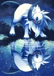 ambiguous_gender claws cosmic_background feral fur looking_at_self red_eyes reflection sky solo star starry_background starry_sky tail water white_body white_fur 7_phi_3 nintendo pokemon absol generation_3_pokemon pokemon_(species) 2024 absurd_res hi_res