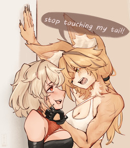 5_fingers anthro blonde_hair blush breasts cleavage clothed clothed_anthro clothed_human clothing duo eye_contact female female/female female_anthro female_human fingerless_gloves fingers fur gloves hair handwear human_on_anthro inner_ear_fluff interspecies long_hair looking_at_another medium_breasts multicolored_body multicolored_fur neck_tuft open_mouth orange_body orange_fur orange_hair ponytail red_eyes teeth text tongue tuft two_tone_body two_tone_fur rory_ame mihoyo zenless_zone_zero burnice_white pulchra_fellini domestic_cat felid feline felis human mammal 2025 english_text hi_res