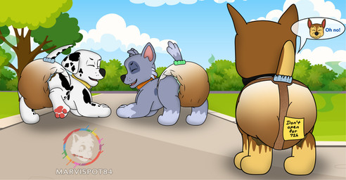 blue_eyes bodily_fluids brown_body brown_fur competition diaper feces feces_blowout feral full_diaper fur genital_fluids grey_body grey_fur group male male/male markings note orange_eyes park paws raised_leg raised_tail soiled_diaper soiling speech_bubble spots spotted_body spotted_fur tail text toony trio unclean_diaper urine used_diaper using_diaper wet_diaper wetting wetting_diaper white_body white_fur marvispot84 nickelodeon paw_patrol chase_(paw_patrol) marshall_(paw_patrol) rocky_(paw_patrol) canid canine canis dalmatian domestic_dog german_shepherd herding_dog mammal mixed_breed pastoral_dog absurd_res hi_res