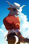 alternate_species anthro bovid bovine cattle clothed clothing engineer_(team_fortress_2) fur furrification gun hi_res holding_object holding_ranged_weapon holding_weapon longhorn looking_at_viewer male mammal ranged_weapon sky skyscape smile solo tail team_fortress_2 teamfurtress valve weapon