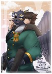 anthro black_body black_fur brown_hair carrying_another carrying_partner cheek_grab clothed clothing duo fur hair looking_at_another looking_at_partner looking_back male male/male muscular muscular_anthro muscular_male piggyback smile teeth wings chuurow lifewonders tokyo_afterschool_summoners protagonist_(tas) tezcatlipoca_(tas) twink_protagonist_(tas) felid human mammal pantherine absurd_res hi_res