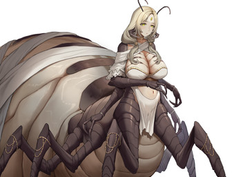 4_arms 6_legs animal_arms antennae_(anatomy) arthropod_abdomen big_breasts blush breasts clothed clothed_taur clothing female hair insect_arms midriff multi_arm multi_limb navel simple_background solo white_background white_clothing yellow_eyes shengxiu_de_pige arthropod arthropod_taur humanoid_taur insect insect_taur taur absurd_res hi_res