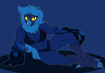 abs anthro arm_support beak big_breasts bikini bioluminescence biped blue_background blue_beak blue_body blue_feathers blue_fur blue_hair breasts clothed clothing eyebrows eyelashes feathered_wings feathers feet female female_anthro fingers front_view fur glowing hair long_hair looking_at_viewer muscular muscular_anthro muscular_female navel non-mammal_breasts scuted_feet scuted_legs scutes simple_background solo star swimwear talons thick_thighs toes topwear tuft two-piece_swimsuit winged_hands wings yellow_eyes yellow_sclera reckfulabandon undertale undertale_(series) undertale_yellow martlet_(undertale_yellow) martlet_(zenith_form) avian bird monster 2026 digital_drawing_(artwork) digital_media_(artwork) english_description full-length_portrait hi_res portrait signature