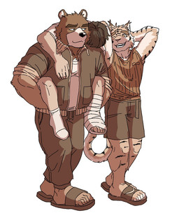 anthro bottomwear carrying_another cast clothed clothing countershade_snout countershading footwear fully_clothed fur group hands_behind_head jacket male muscular muscular_anthro muscular_male one_eye_closed pants piggyback sandals shirt shoes shorts simple_background smile snout socks striped_body striped_fur stripes tail tank_top topwear trio white_background unknown_artist morenatsu hiroyuki_nishimura juuichi_mikazuki torahiko_ooshima bear felid human mammal pantherine tiger 2026