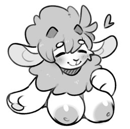 2_horns anthro areola big_areola big_ears breasts circle_eyebrows crossgender eyebrows eyes_closed female female_anthro front_view fur head_horn heart_symbol horn mouth_closed mtf_crossgender nipples nude nude_anthro nude_female simple_background smile solo white_background wool_(fur) wool_hair anotherbearsimp sundae_(anotherbearsimp) bovid caprine mammal sheep 2026 bust_portrait digital_drawing_(artwork) digital_media_(artwork) monochrome portrait sketch
