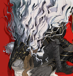 ambiguous_gender anthro armor biped bracers claws comforting duo finger_claws fur greaves grey_body grey_fur hair hand_on_head headgear helmet hug larger_anthro larger_male male pauldron red_background simple_background size_difference smaller_ambiguous smaller_human white_hair mianji01 elden_ring fromsoftware maliketh_(elden_ring) tarnished_(elden_ring) canid canine canis human mammal wolf 2022 digital_media_(artwork)