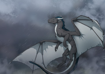 cloud cloudy_sky feral flying male raining sky solo storm wings flamingtitania mythology kyu_(oc) dragon mythological_creature mythological_scalie scalie absurd_res hi_res