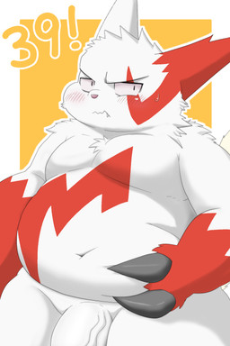 anthro belly blush genitals humanoid_genitalia humanoid_penis kemono male navel overweight overweight_male penis pink_nose red_body simple_background solo white_body bantau3 nintendo pokemon generation_3_pokemon pokemon_(species) zangoose 2026 2:3 absurd_res hi_res