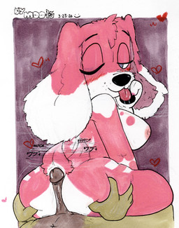 anthro big_ears breasts butt butt_grab duo erection female floppy_ears fur genitals hand_on_butt hot_dogging humanoid_genitalia humanoid_penis looking_at_viewer male male/female one_eye_closed penis pink_body pink_fur sex short_tail side_boob sitting sitting_on_another squeezing tail tail_motion tailwag text tongue tongue_out vein veiny_penis wink winking_at_viewer mootsncompany rose_(mootsncompany) beagle canid canine canis domestic_dog hunting_dog mammal scent_hound absurd_res hi_res japanese_text painting_(artwork) sketch traditional_media_(artwork) traditional_painting_(artwork)
