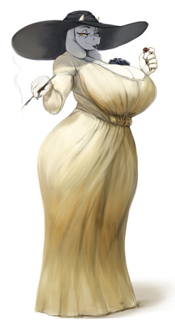 5_fingers anthro big_breasts breasts cigarette cigarette_holder cleavage clothed clothing cosplay crossover_cosplay curvy_figure dress eyelashes female fingers floppy_ears fur half-closed_eyes hat headgear headwear horn huge_breasts lips long_ears looking_at_viewer markings mature_anthro mature_female mole_(marking) narrowed_eyes simple_background solo standing sun_hat sundress thick_bottom_lip voluptuous voluptuous_anthro voluptuous_female white_background white_body white_fur white_skin wide_brim_hat wide_hips yellow_eyes vondranart capcom resident_evil undertale undertale_(series) alcina_dimitrescu toriel boss_monster_(undertale) bovid bow_experiment_(resident_evil) cadou_host_(resident_evil) caprine mammal monster vampire crossover hi_res